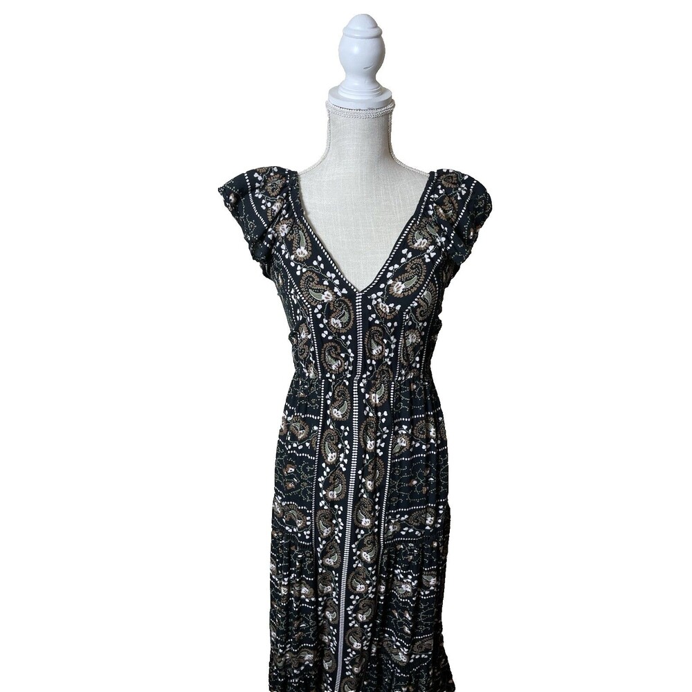 Angie Woman's Black Floral Maxi Smocked Boho Sundress Size S
